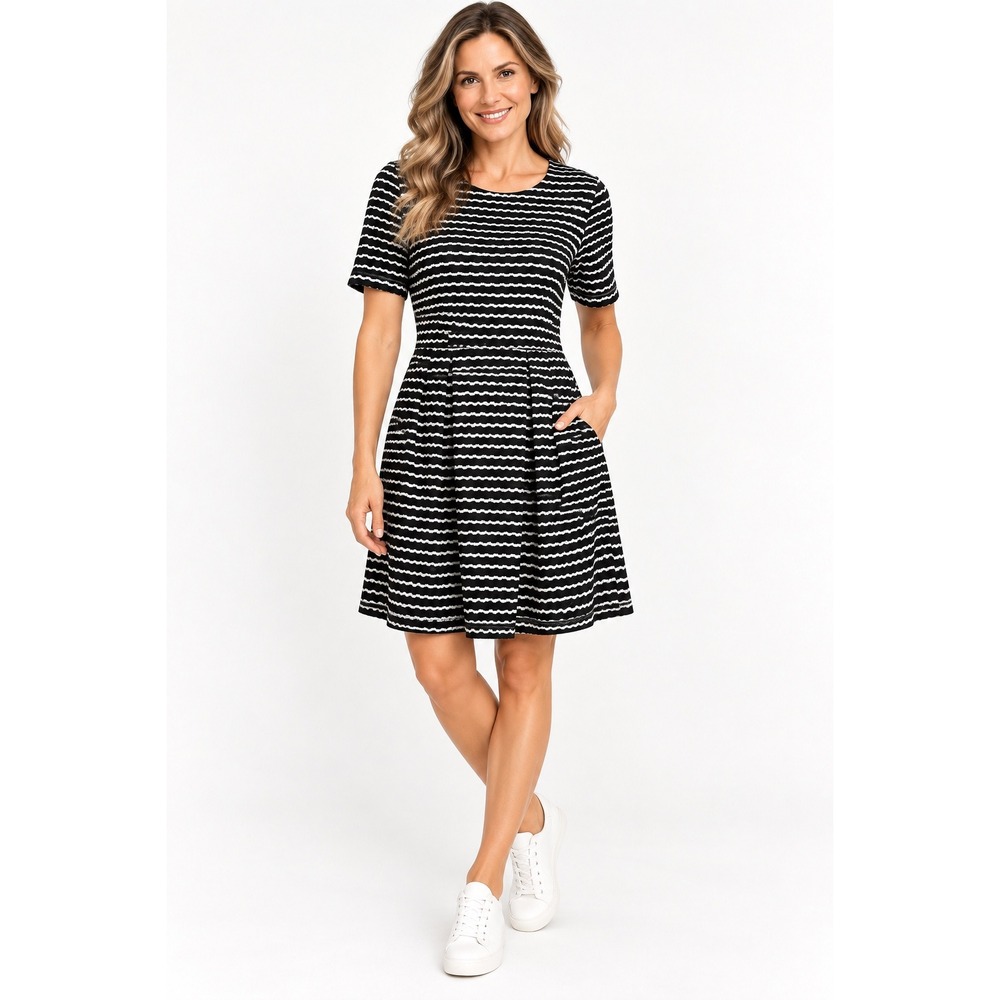 Draper James Dress Womens L Black White Striped Knit Fit & Flare Pocket Preppy